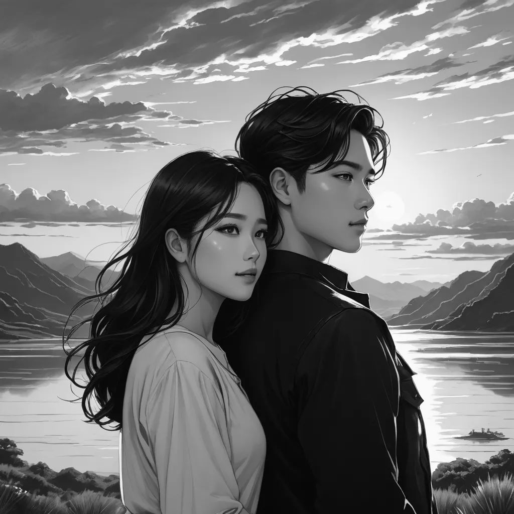 a couple of people standing next to each other near a lake and mountains with clouds in the sky above, aestheticism, an ultrafine detailed painting, Artgerm, comic cover art