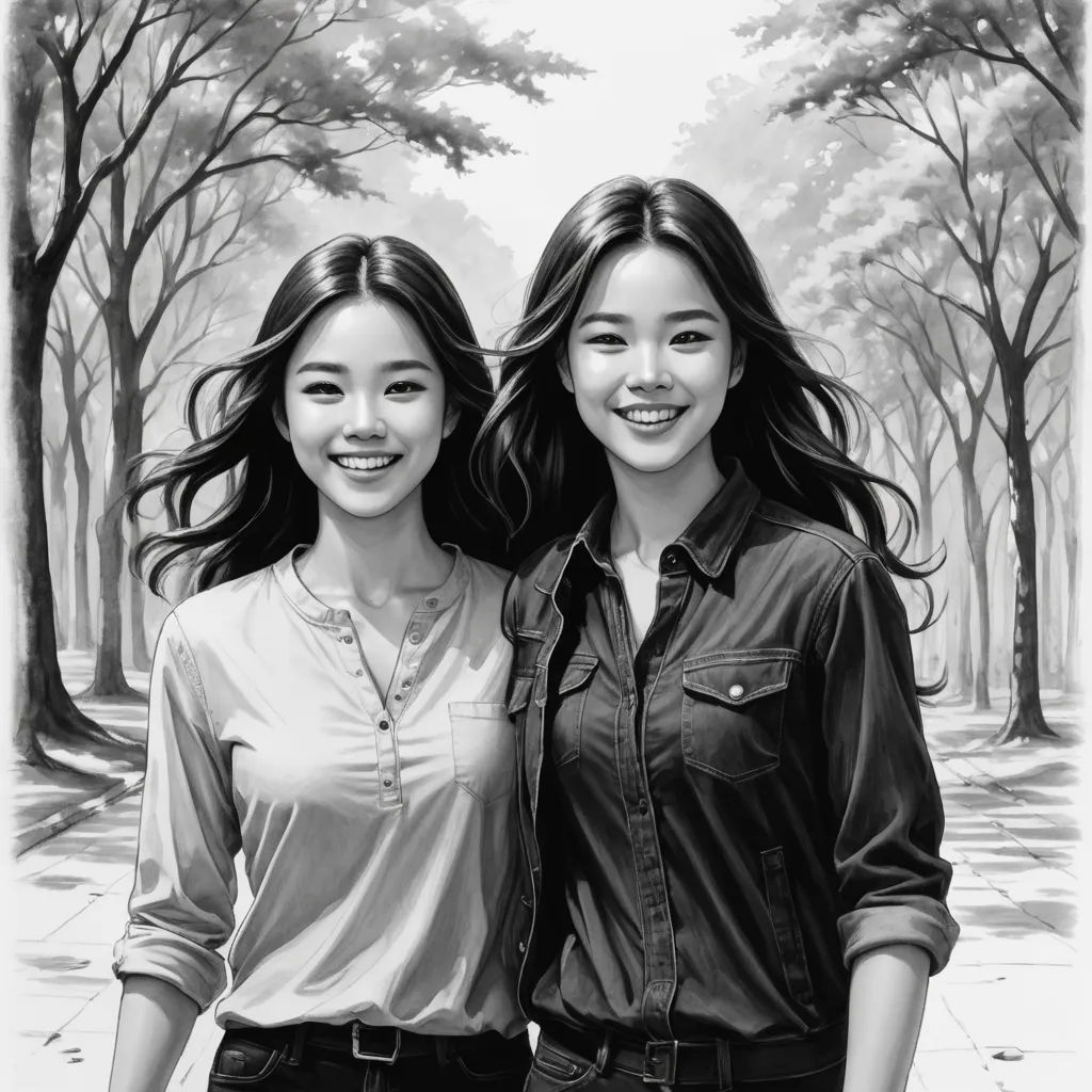 two women standing next to each other in a park with trees in the background and one woman with long hair, figurative art, a photorealistic painting, Choi Buk, kim jung gi