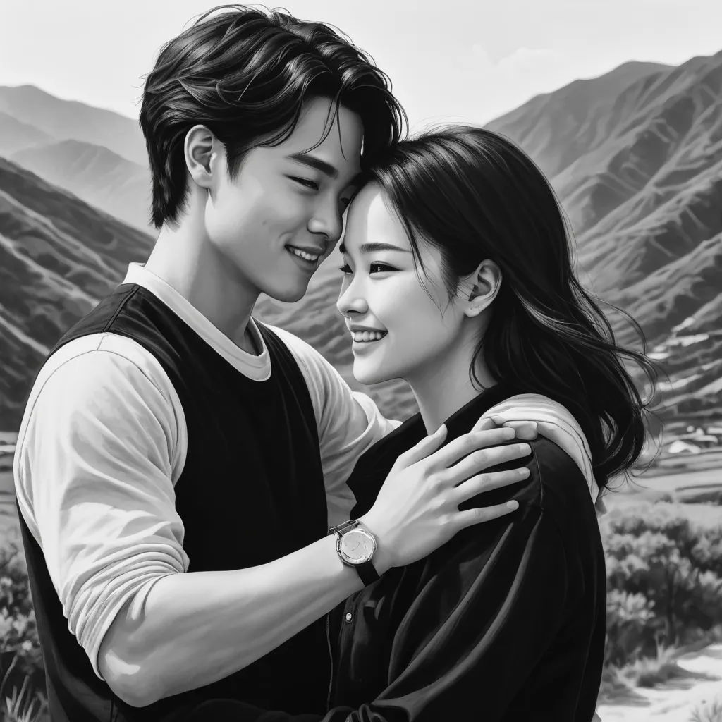 a couple hugging each other in front of mountains and hills with a sky background in black and white, with a mountain range in the background, photorealism, a photorealistic painting, Artgerm, highly detailed digital painting