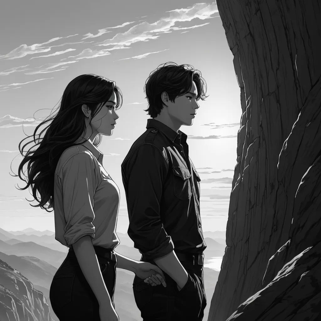 a man and a woman standing next to a tree in a mountainous area with a sky background and a mountain range, neo-romanticism, a storybook illustration, David Park, comic cover art