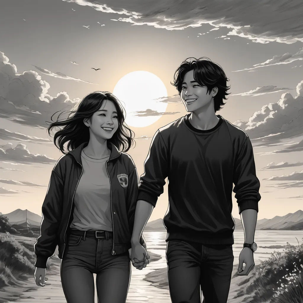 a couple walking down a beach holding hands under a sunset sky with clouds and a bird flying overhead, with a sun setting behind them, neo-romanticism, a storybook illustration, David Park, comic cover art