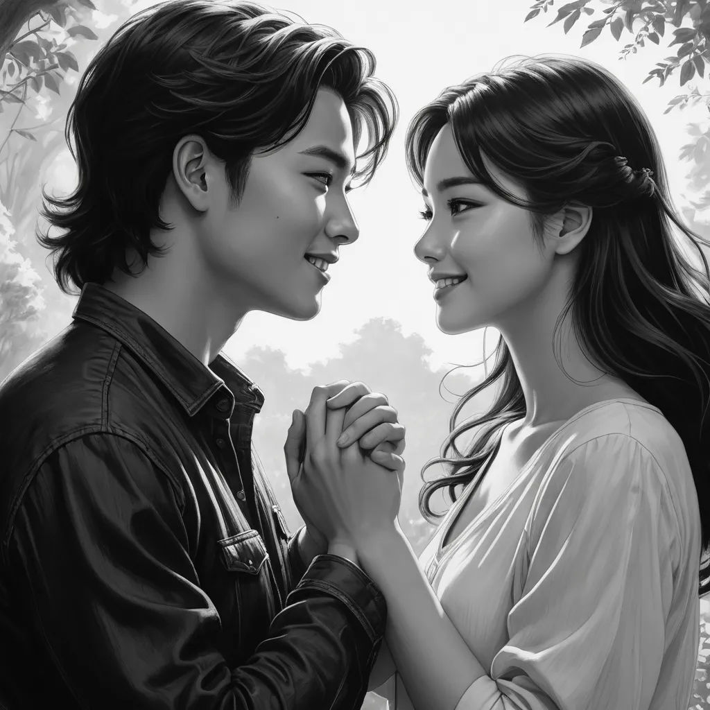 a couple holding hands and looking at each other in front of a tree with leaves on it, in a black and white drawing, neo-romanticism, an ultrafine detailed painting, Artgerm, stanley artgerm lau