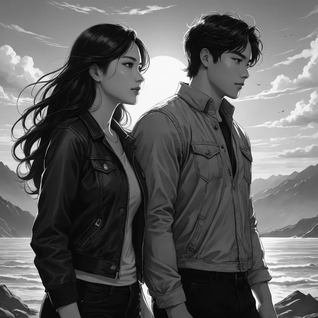 a man and a woman standing next to each other near the ocean with a mountain in the background and a sun in the sky, serial art, an ultrafine detailed painting, Artgerm, stanley artgerm lau