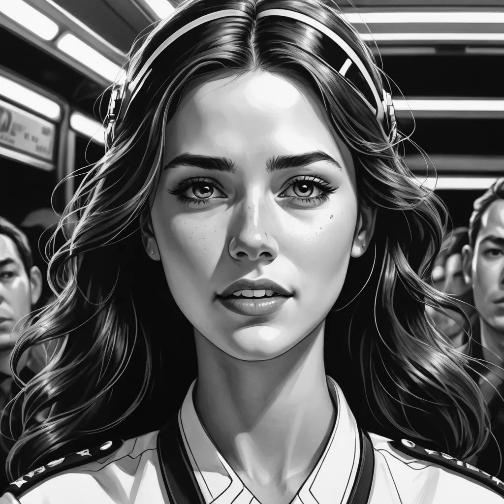 a woman with long hair and a collared shirt on a subway car with people in the background looking on, retrofuturism, an ultrafine detailed painting, Artgerm, high detail illustration