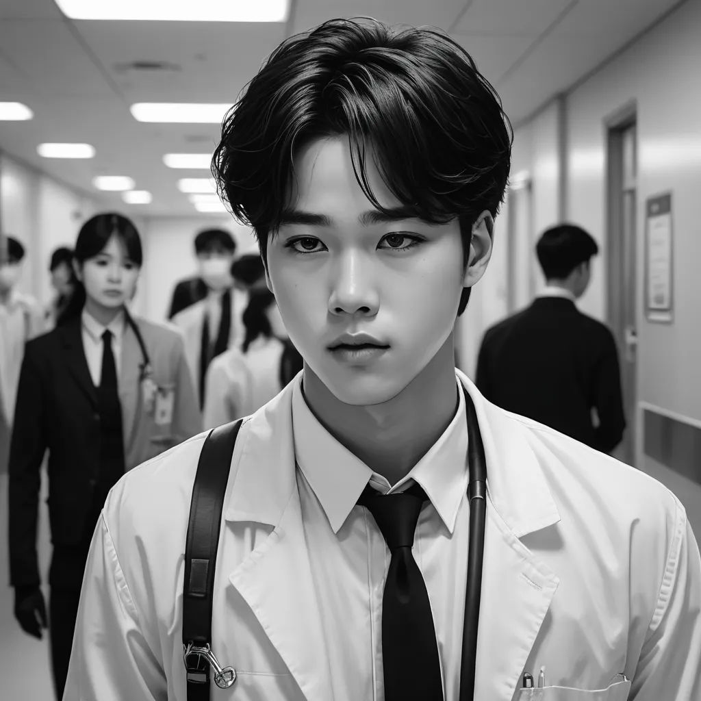 a man in a white shirt and tie standing in a hallway with other people in the background and a hallway with a few doors, aestheticism, a black and white photo, Du Jin, noir
