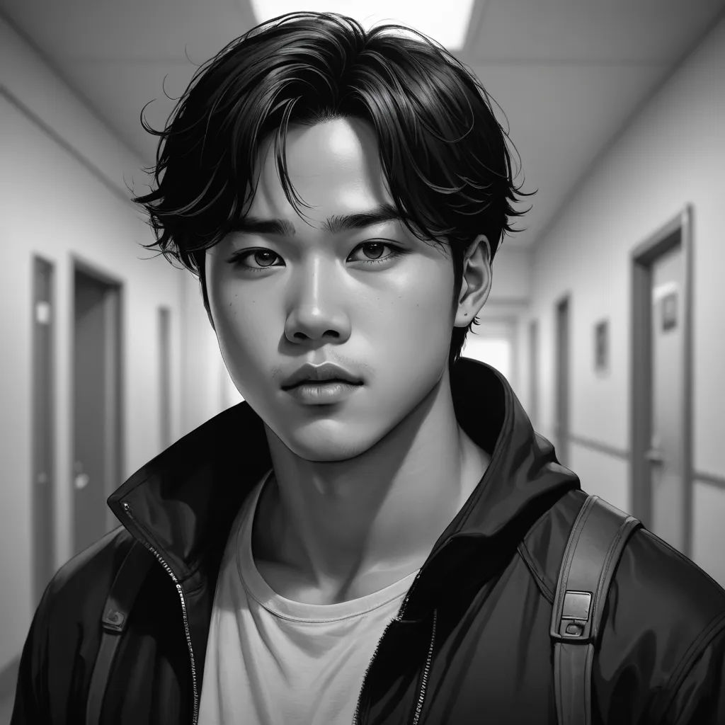 a man with a black jacket and white shirt is standing in a hallway with a light on his head, photorealism, a photorealistic painting, Artgerm, ultra realistic illustration
