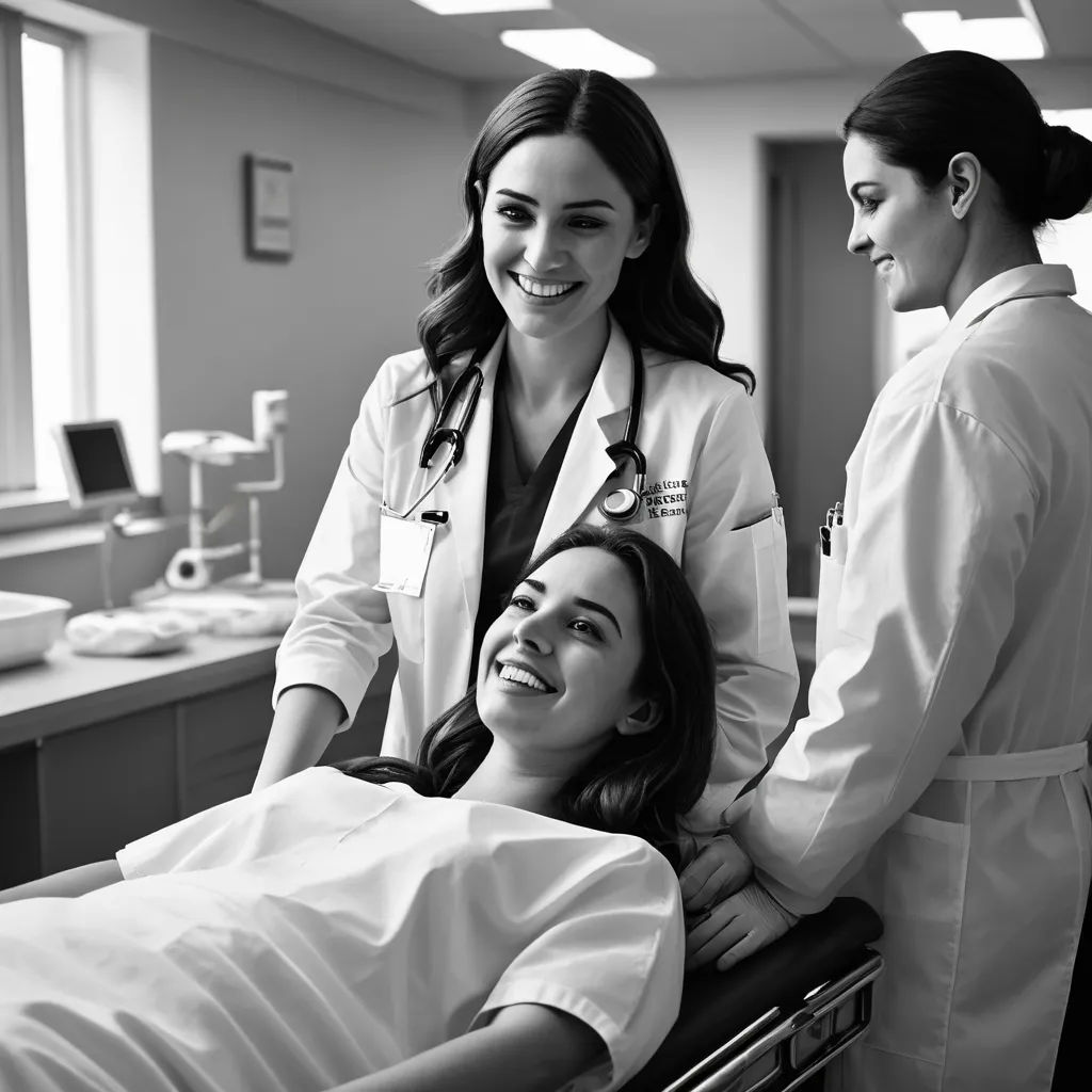 a woman in a hospital bed with a nurse and a patient in the background smiling at her patient's hand, neoplasticism, a stock photo, Évariste Vital Luminais, promotional image