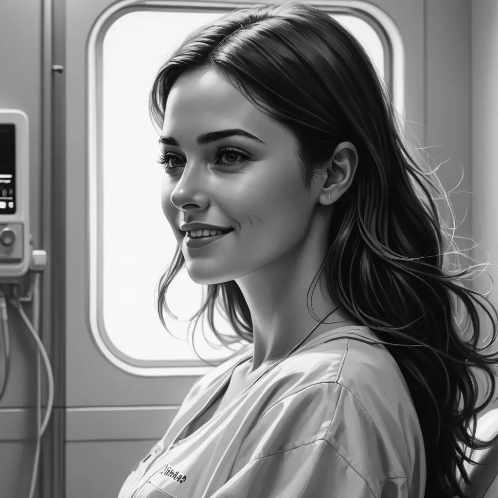 a woman with long hair sitting in a train car next to a window with a phone on it and a radio, hyperrealism, an ultrafine detailed painting, Charlie Bowater, highly detailed digital painting