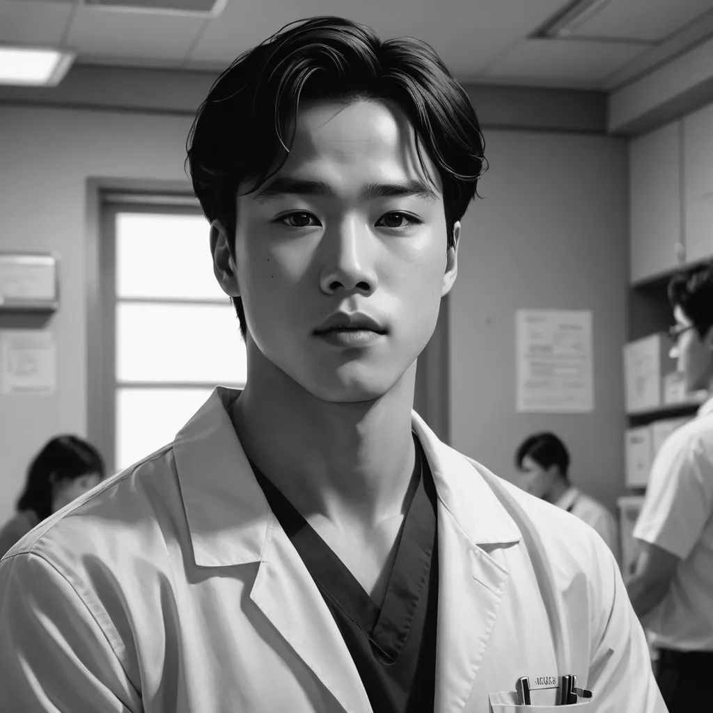 a man in a lab coat standing in a room with other people in the background and a nurse in the background, neoplasticism, a black and white photo, David Park, photoreal