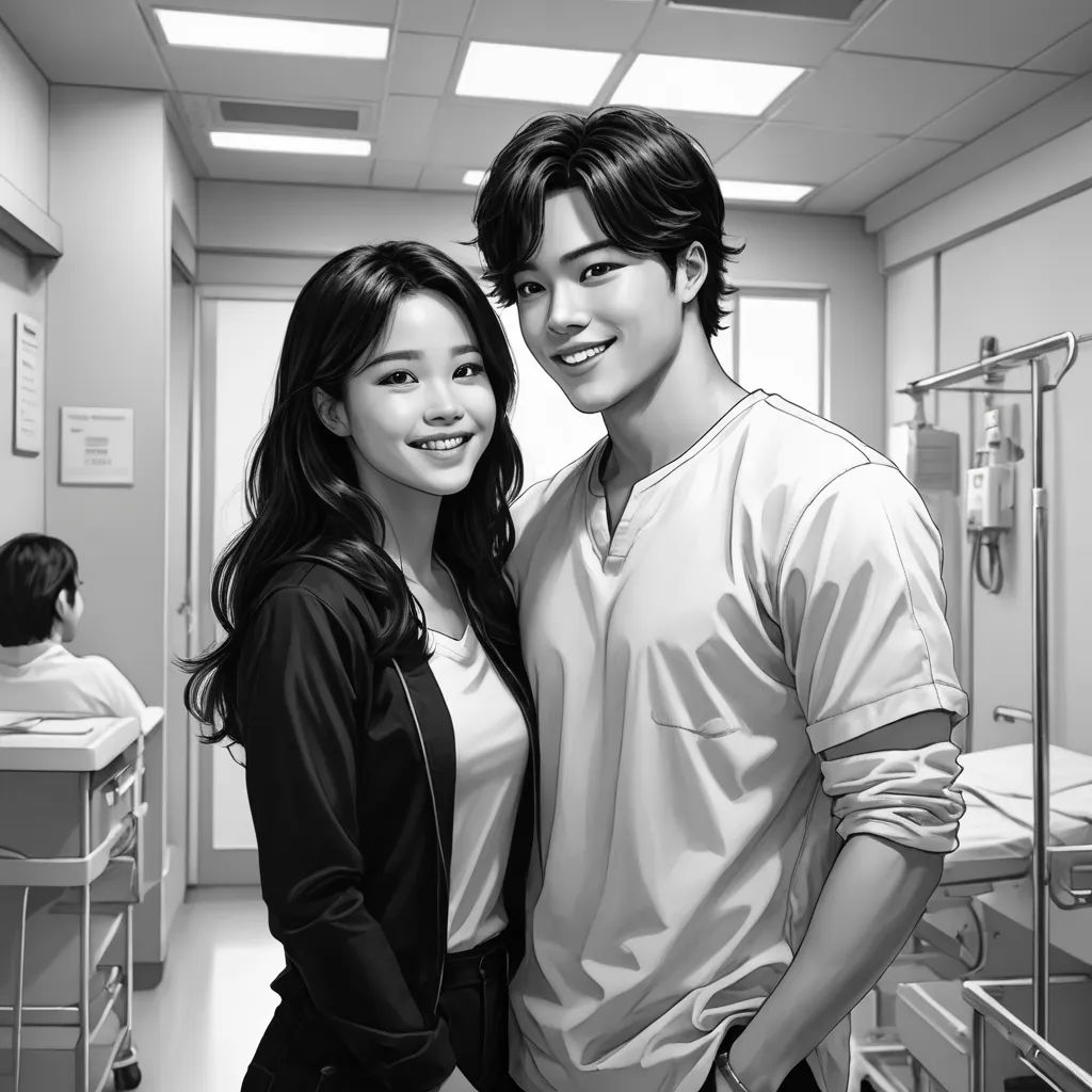 a black and white photo of a couple in a hospital room with a nurse in the background and a man in the background, lyco art, a manga drawing, David Park, graphic novel