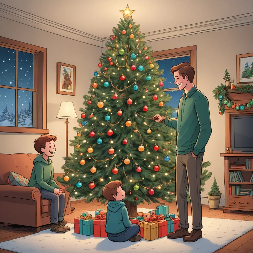 a man standing in front of a christmas tree with a little boy sitting on the floor next to him, american scene painting, a storybook illustration, Ernest William Christmas, official art