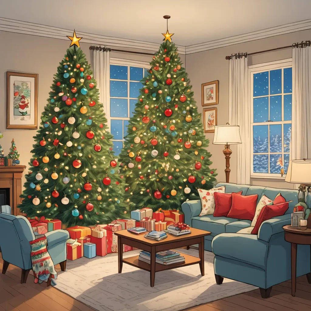 a living room with a christmas tree and a couch in front of a fireplace with presents on it and a christmas tree in the corner, american scene painting, a digital rendering, Ernest William Christmas, official art
