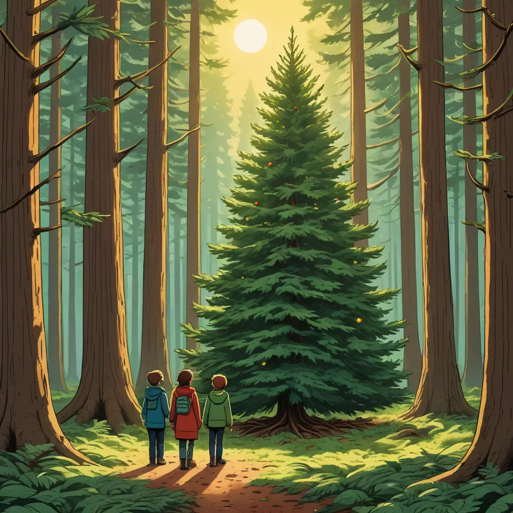 two people walking in a forest towards a tall pine tree with the sun shining through the trees on the other side, environmental art, a storybook illustration, Dan Mumford, storybook illustration