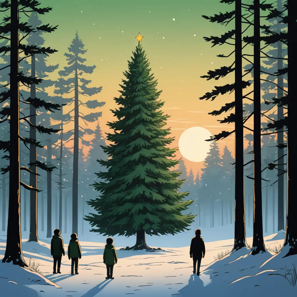 a painting of people walking through a snowy forest at night with a christmas tree in the background and a star lit sky, sots art, poster art, Dan Mumford, promotional image
