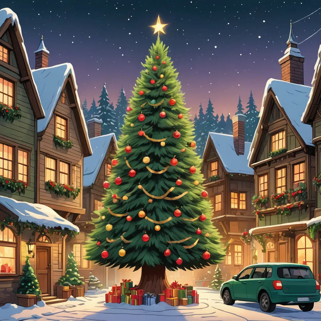 a christmas tree in front of a snowy village with a green car parked in front of it and a green truck parked in front of it, naive art, a digital rendering, Evgeny Lushpin, kinkade