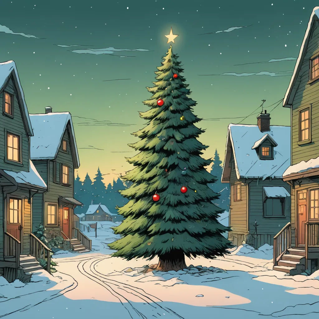 a christmas tree in a snowy village with a lit star on top of it and a snow covered street, magical realism, a storybook illustration, Evgeny Lushpin, kinkade
