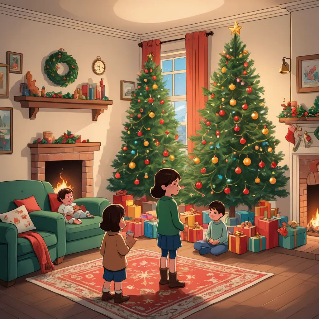 a woman and two children standing in front of a christmas tree in a living room with presents on the floor, sots art, a storybook illustration, Ernest William Christmas, official art