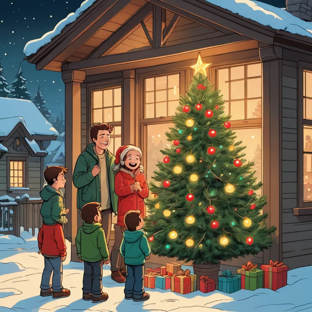 a family standing in front of a christmas tree with a lit tree in the background and a lit christmas tree in the foreground, american scene painting, a storybook illustration, Ernest William Christmas, official art