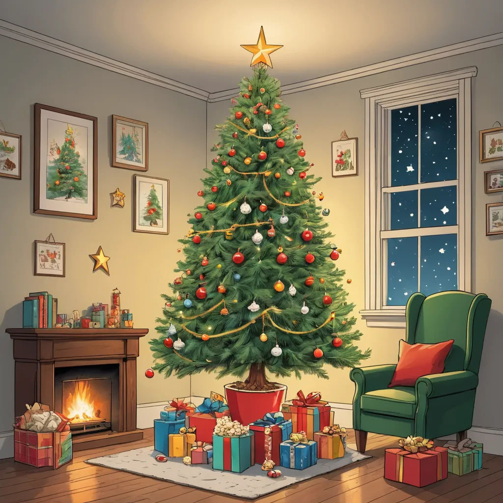 a christmas tree in a living room with presents under it and a fire place in the corner of the room, photorealism, a digital rendering, Ernest William Christmas, official art