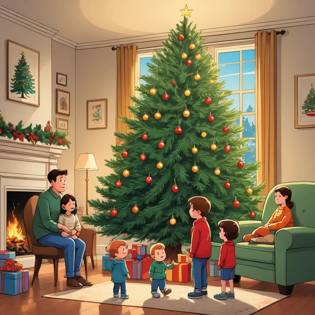 a family is gathered around a christmas tree in a living room with a fireplace and a christmas tree in the corner, american scene painting, a storybook illustration, Ernest William Christmas, storybook illustration