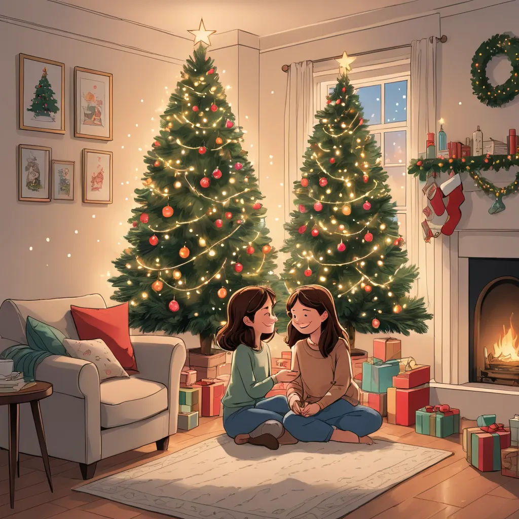two girls sitting on the floor in front of a christmas tree with presents under it and a fireplace in the background, serial art, a storybook illustration, Atey Ghailan, official art
