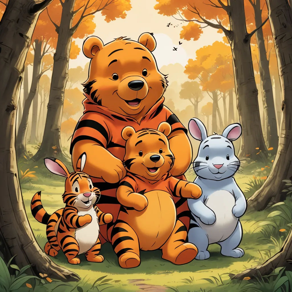 a cartoon of winnie the pooh and her friends in the woods with a tiger and a tiger cub, furry art, a storybook illustration, disney, official art