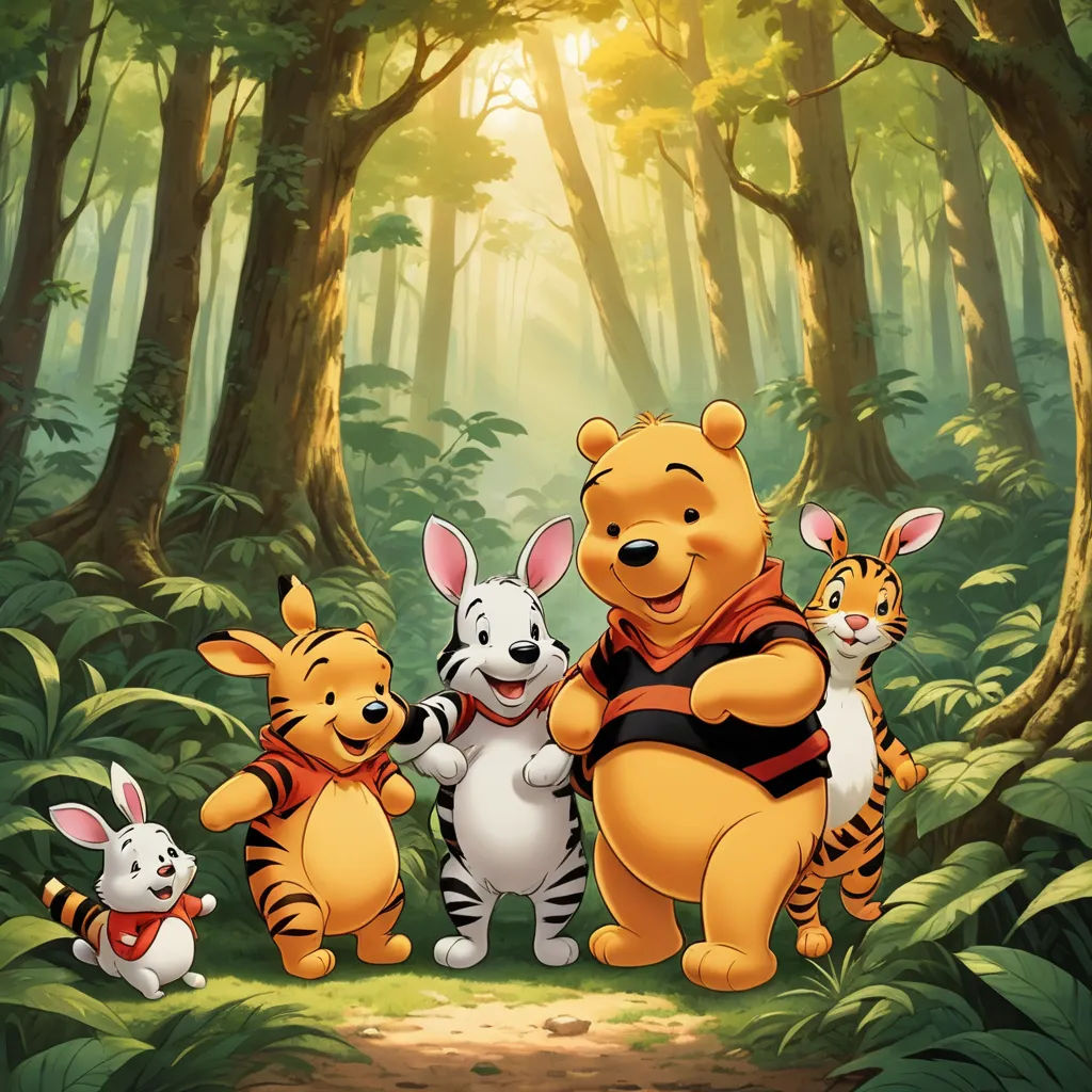 a group of winnie the pooh characters in a forest with a baby rabbit and other winnie the pooh characters, furry art, an album cover, disney, promotional image