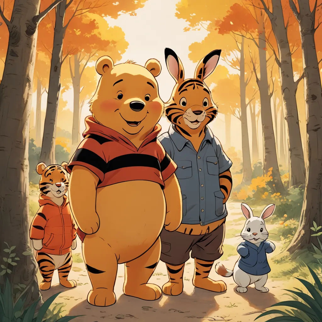 a group of winnie the pooh characters standing in the woods with a baby rabbit and a baby tiger, furry art, an album cover, disney, official art