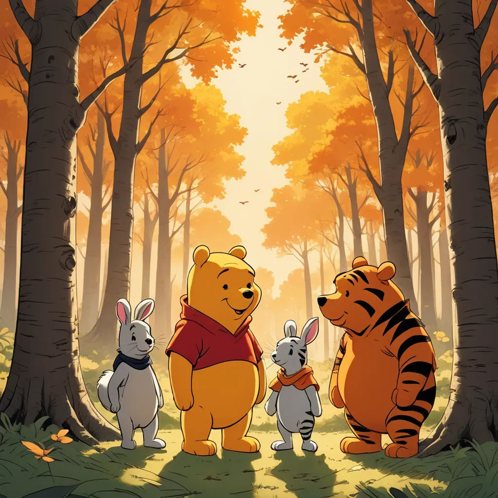 a group of winnie the pooh characters standing in the woods with a tiger and other pooh characters, furry art, a storybook illustration, Bob Thompson, official art