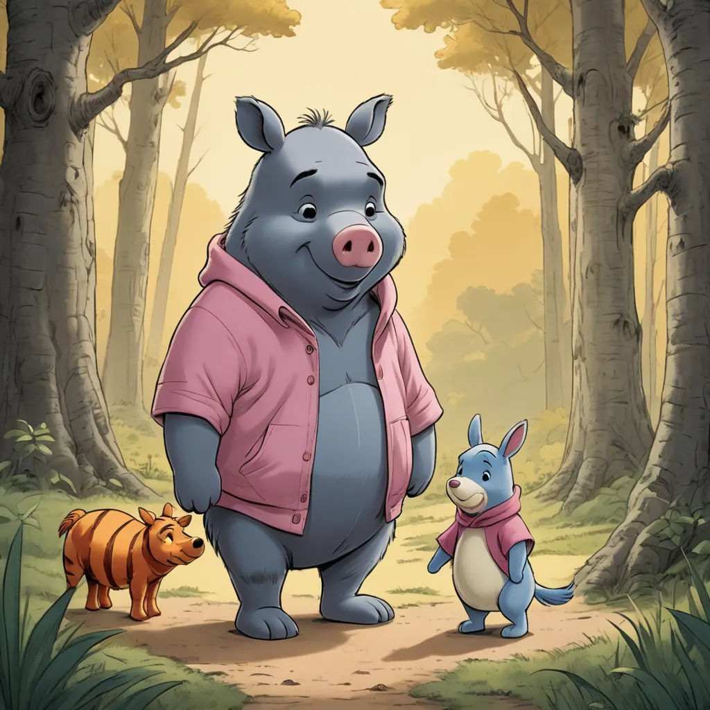 a cartoon of a pig and a bear in the woods with a baby bear in the foreground and a tiger in the background, furry art, a storybook illustration, Diego Gisbert Llorens, official art