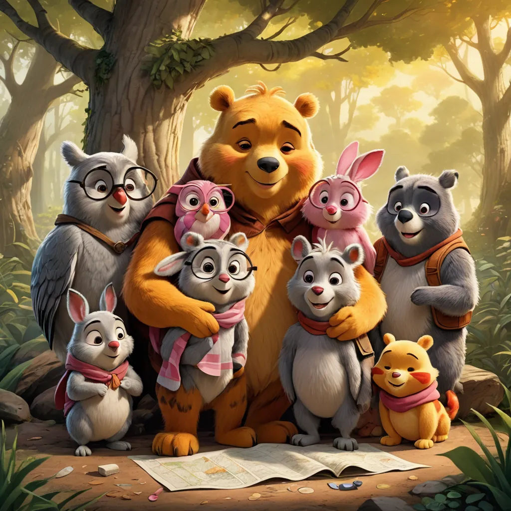 a group of cartoon animals standing in a forest together with a bear and other animals around them, all wearing scarves, furry art, concept art, Chris LaBrooy, official art