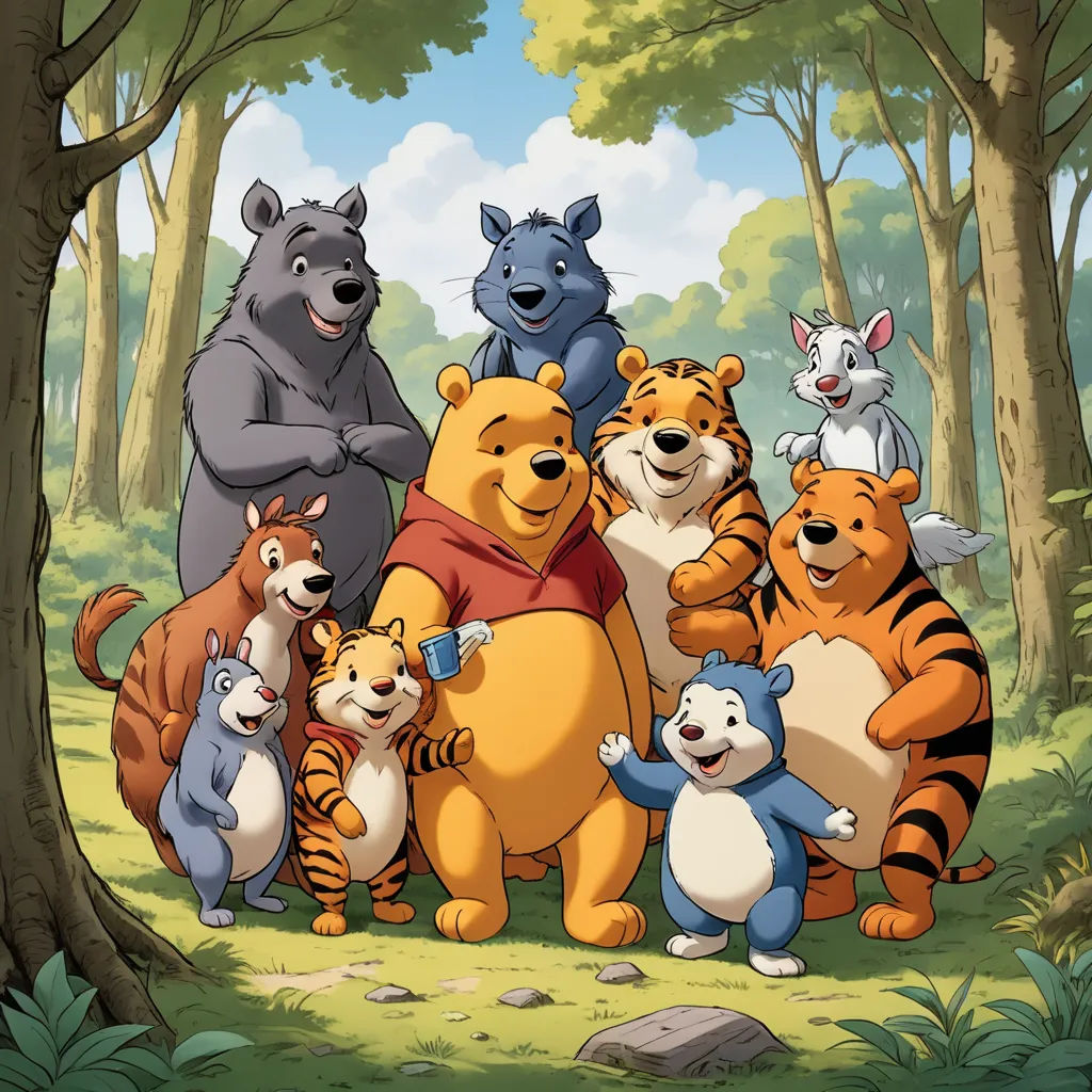 a group of cartoon characters standing in the woods together with a bear and other animals around them, all looking at the same person, furry art, a storybook illustration, disney, official art