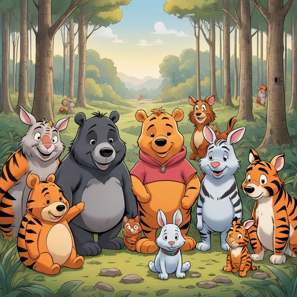 a group of cartoon animals standing in the forest together with a forest background and a cartoon character in the background, furry art, a storybook illustration, disney, official art