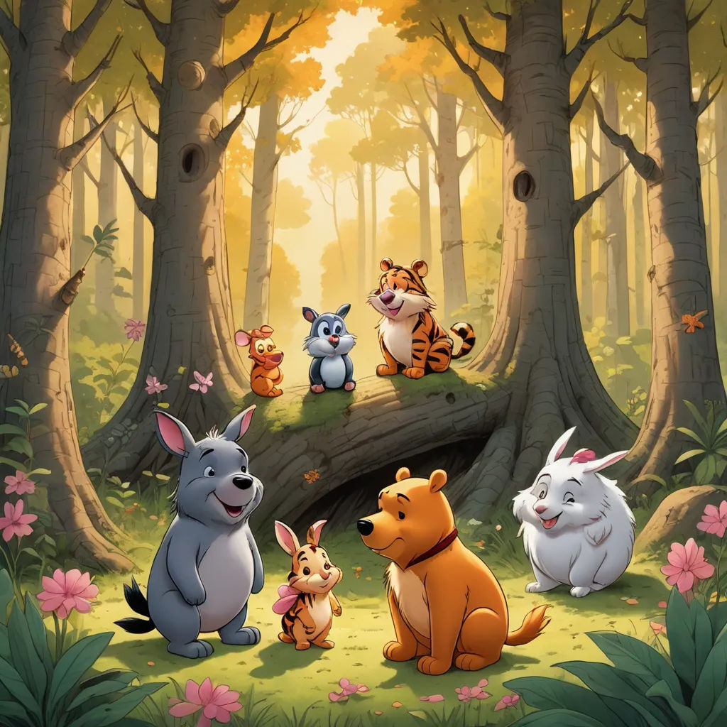 a group of animals that are sitting in the grass near trees and flowers in the forest with a log, furry art, a storybook illustration, Douglas Shuler, promotional image