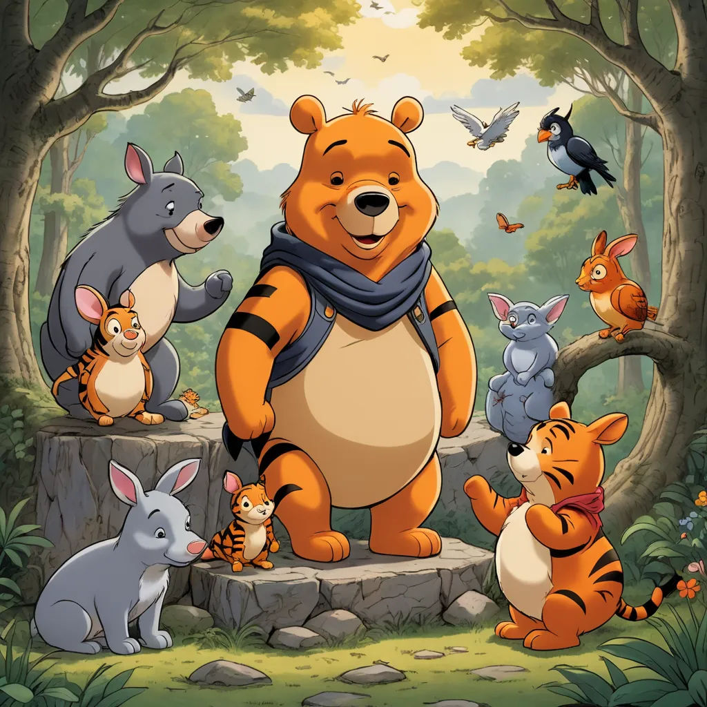 a cartoon of a group of animals standing in a forest with a bear, tiger, rhino, and other animals, furry art, a storybook illustration, Bob Thompson, official art