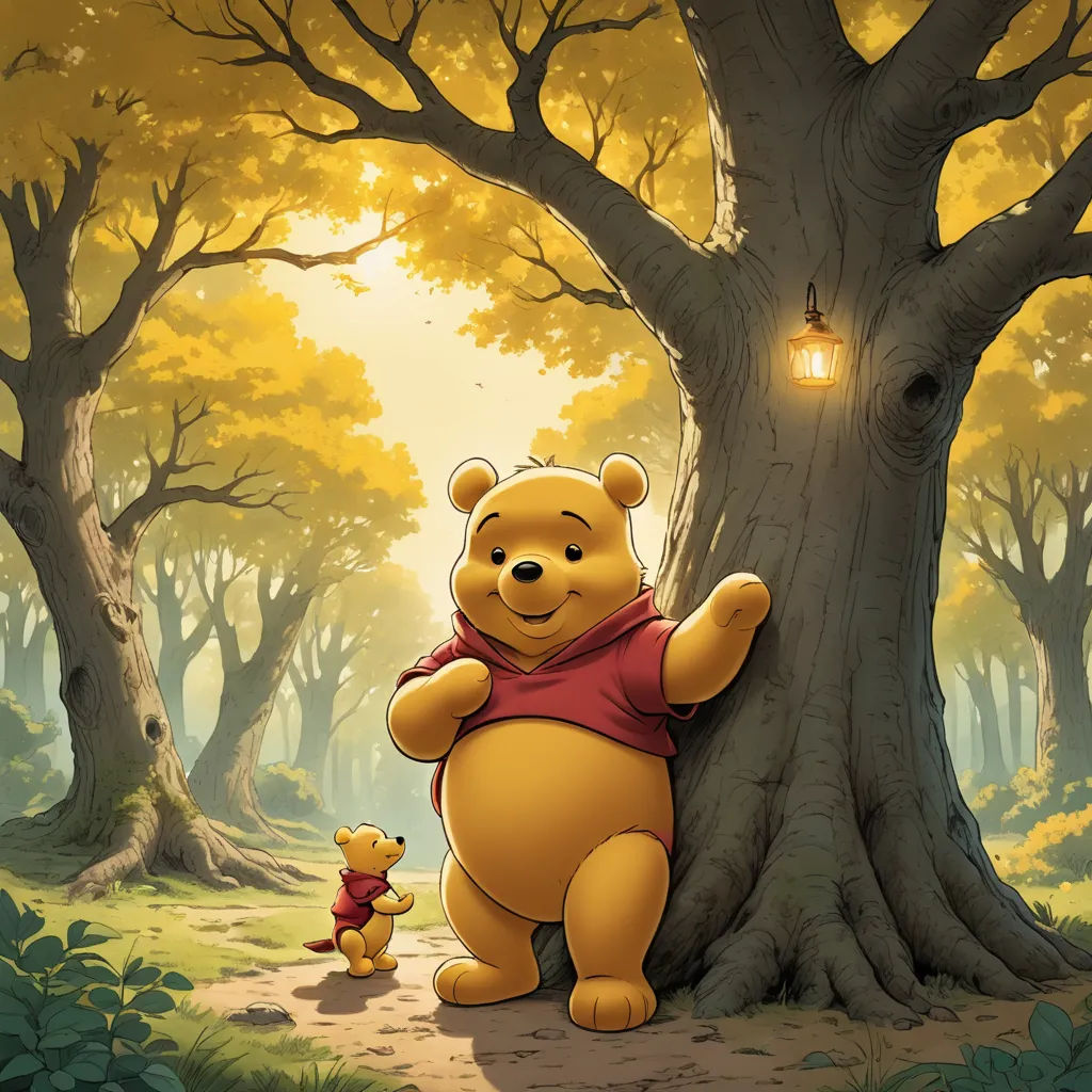 a winnie the pooh and her piggy bear in the woods with a light bulb on the tree, synthetism, a storybook illustration, disney, pixar and disney animation