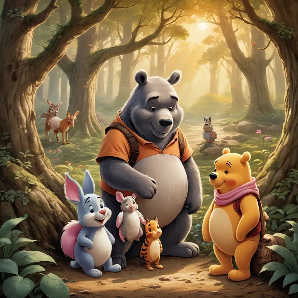 a cartoon bear and other animals in a forest with a baby bear and a baby rabbit in the foreground, furry art, a storybook illustration, Bob Thompson, official art