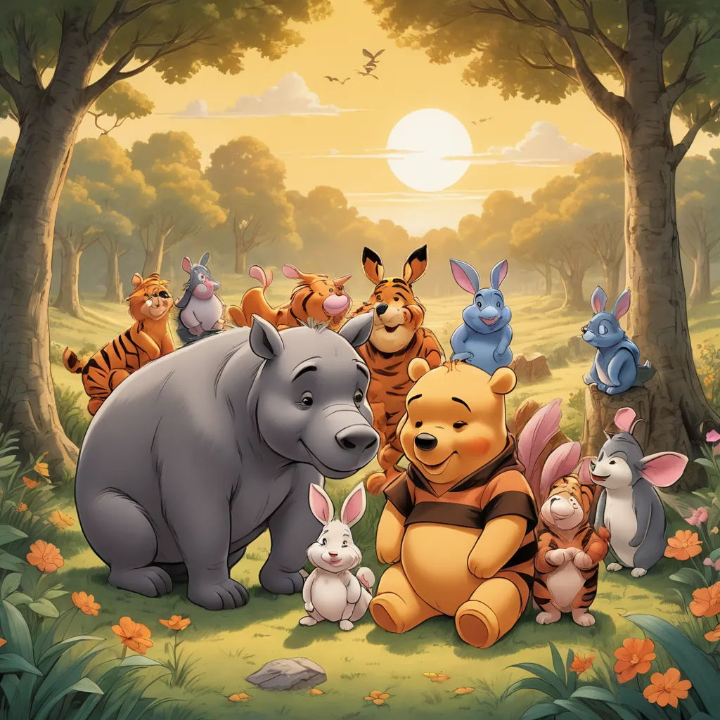 a group of winnie the pooh and friends in a forest with a sunset in the background and a cartoon character in the foreground, furry art, a storybook illustration, disney, official art