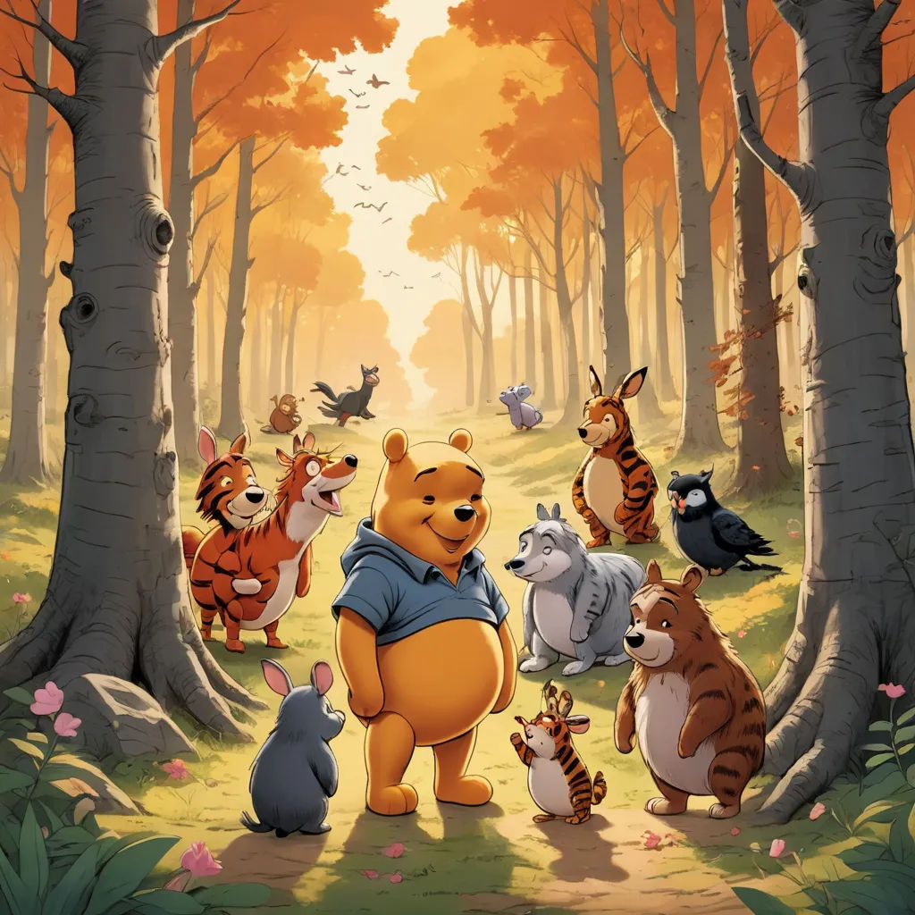 a group of cartoon animals standing in a forest with a winnie the pooh character in the background and a forest scene with a few other animals, furry art, a storybook illustration, disney, official art