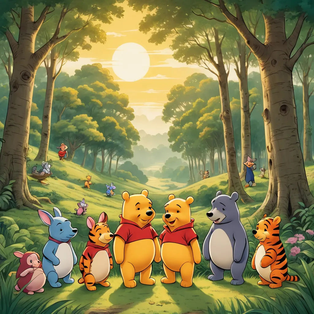 a group of winnie the pooh bears standing in a forest with a sun setting behind them and a forest scene behind them, synthetism, a storybook illustration, disney, official art
