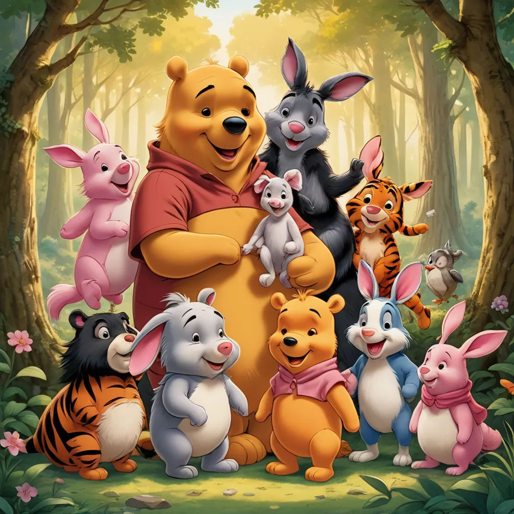 a group of winnie the pooh characters standing in a forest with a baby pig and other pooh characters, furry art, a storybook illustration, disney, promotional image