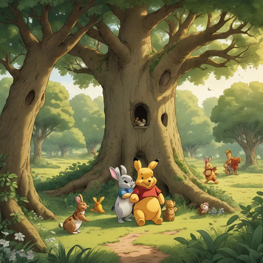 a cartoon scene of a winnie the pooh and friends in a forest with a tree and a hole, furry art, a storybook illustration, Beatrix Potter, official art