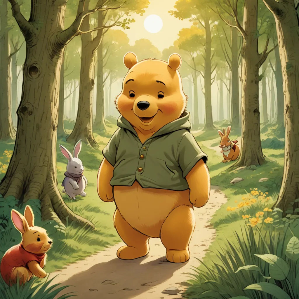 a cartoon winnie the pooh character is walking through the woods with other animals around him and a rabbit is running towards him, furry art, a comic book panel, Beatrix Potter, official art