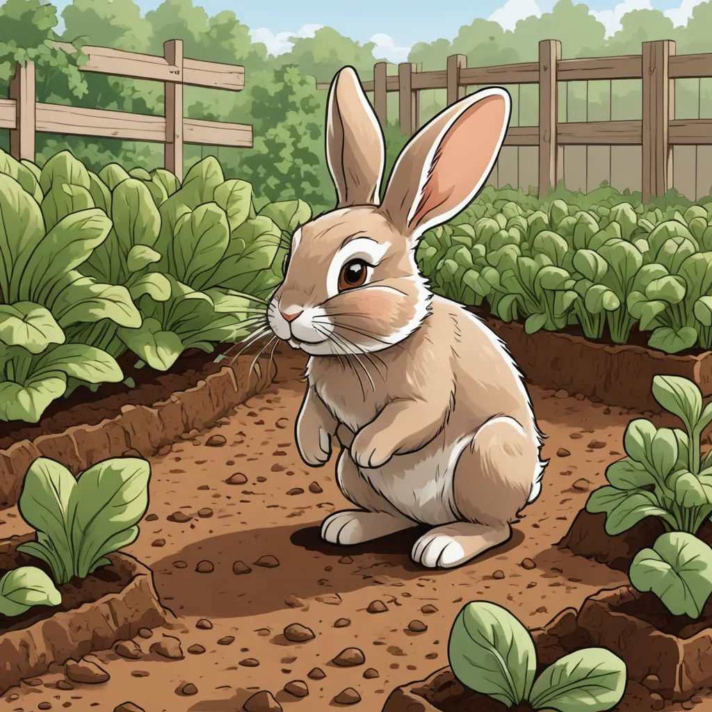 a rabbit sitting in the middle of a garden with plants and dirt on the ground and a fence in the background, context art, a storybook illustration, Beatrix Potter, storybook illustration