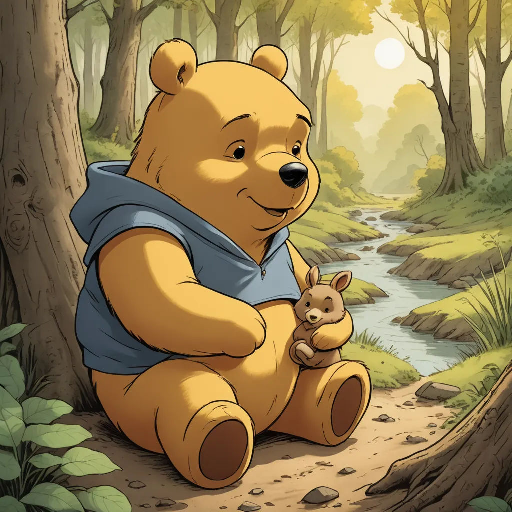 a cartoon bear holding a small baby bear in a forest with a stream in the background and trees and grass, furry art, a storybook illustration, Bob Thompson, official art