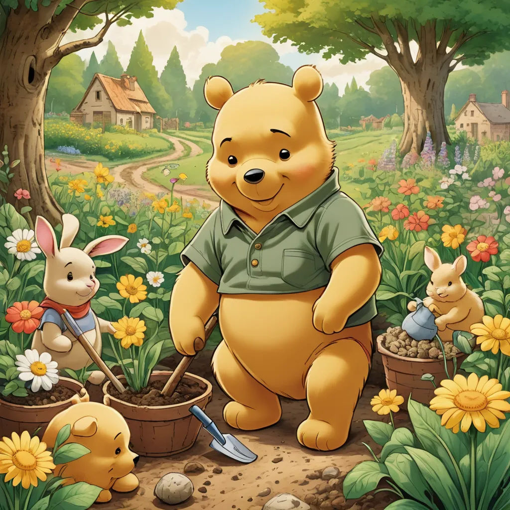 a cartoon winnie the pooh character is in the garden with other characters and a bunny in the background, synthetism, an ultrafine detailed painting, Beatrix Potter, official art