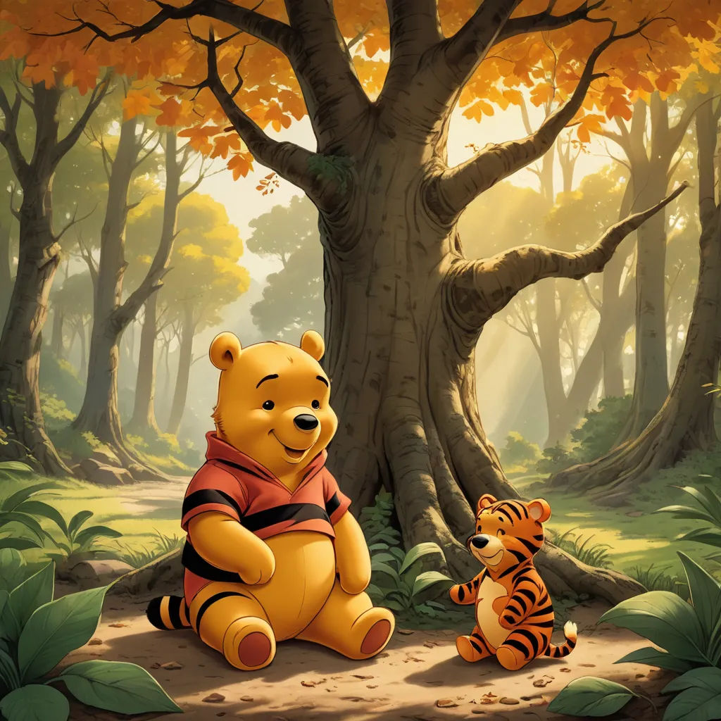 a cartoon winnie the pooh and tigger sitting in the woods with a tree in the background and a tiger in the foreground, synthetism, a storybook illustration, disney, pixar and disney animation