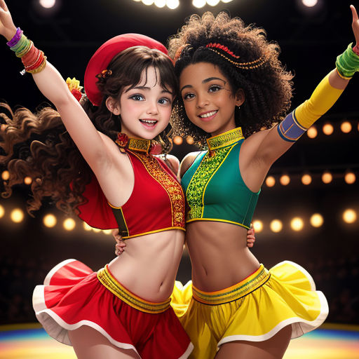 two women in colorful outfits are dancing on a stage with lights in the background and a spotlight on the floor