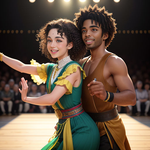 a man and a woman are dancing on a stage together, with a crowd in the background watching them