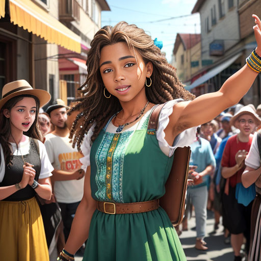a woman in a green dress and a crowd of people in the street with her arms up in the air